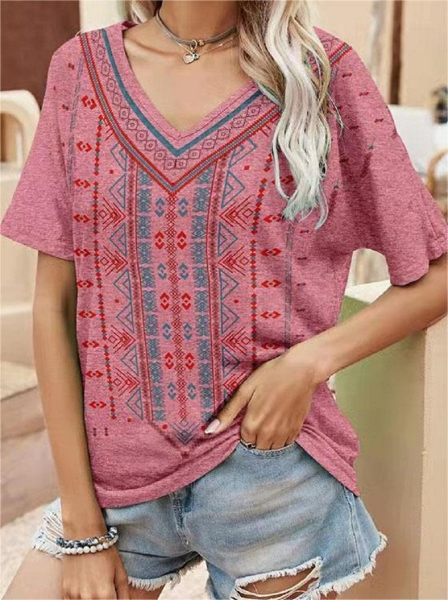 Red Casual Graphic Tops V Neck Printed Short Sleeve T-shirt