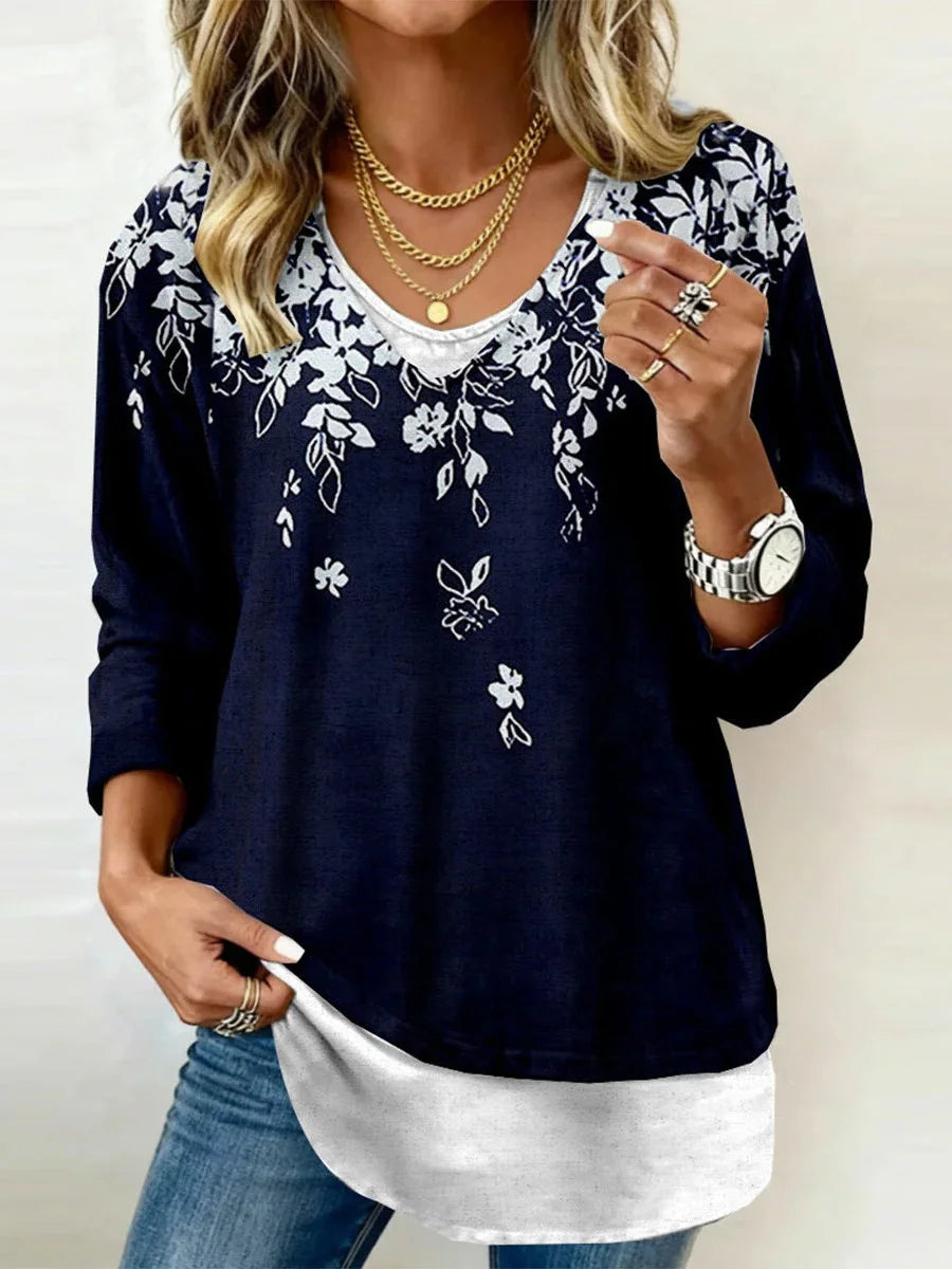 Navy Floral Print Layered V-Neck Long Sleeve Blouse