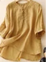 Shirt Collar Casual Cotton And Linen Blouse