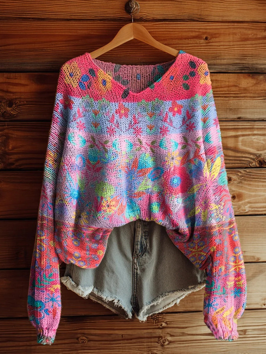 Women's Bohemian Floral Print Casual V Neck Long Sleeve Pullover Sweater