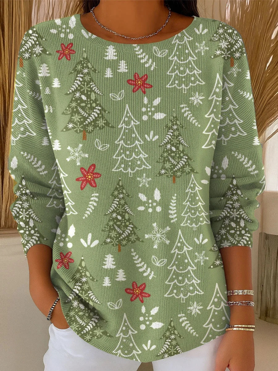 Women's Christmas Tree Art Print Casual Round Neck Long Sleeve Pullover Sweater