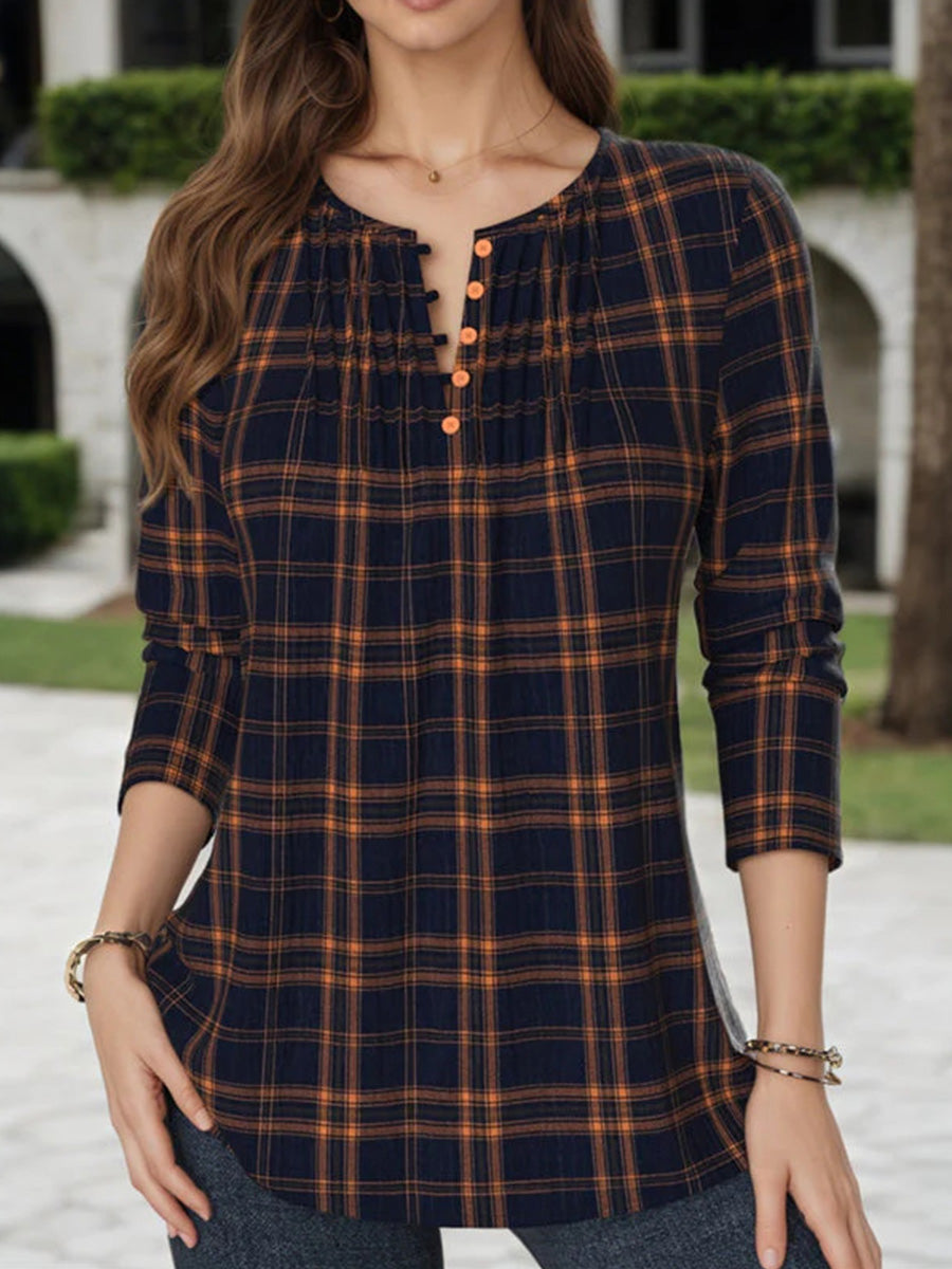 Vintage Plaid Long Sleeve Blouse