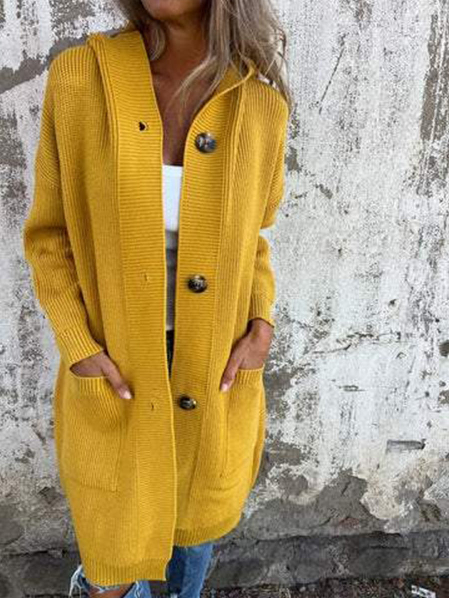 Solid Color PocketsHooded Knitted Jacket