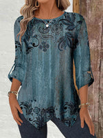 Women Long Sleeve Scoop Neck Floral Printed Blue Top