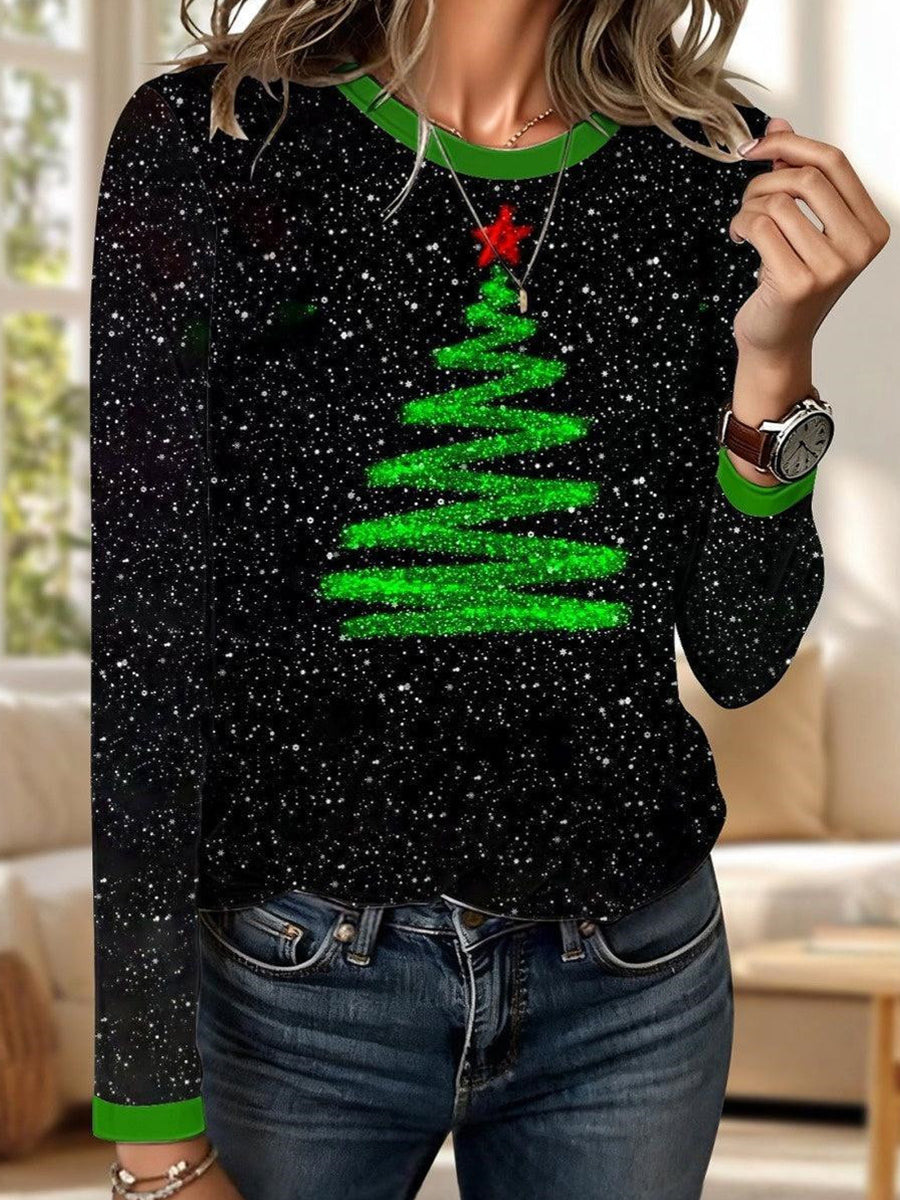 Christmas Tree Print Round Neck Long Sleeve Top