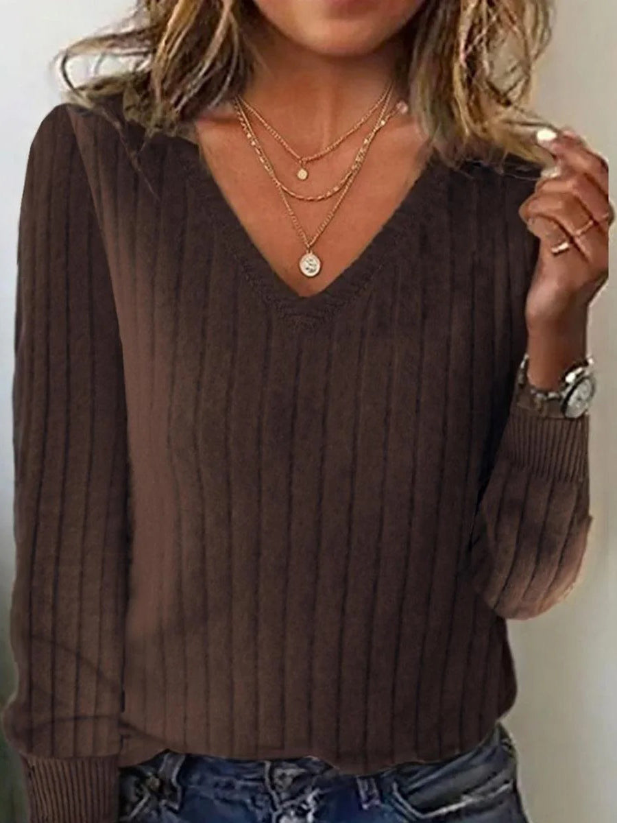 Brown V-neck Long Sleeve Plain Sweater