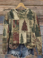 Vintage Christmas Retro Art Print Round Neck Long Sleeve Casual Sweatshirt