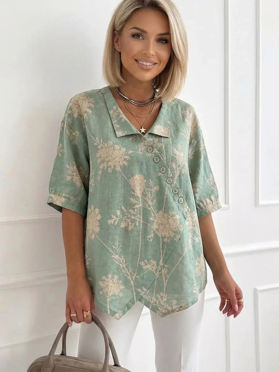 Fresh Green Floral Short Sleeve Top