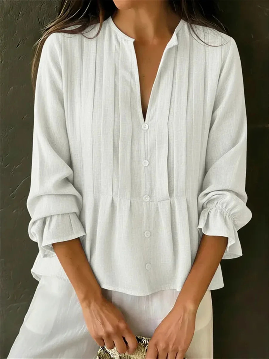 Women's Solid Color Pleated Long Sleeve Top