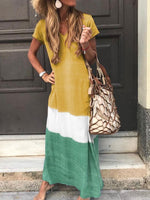 V-neck Stripe Patchwork Casual Short Sleeve Maxi Dresses