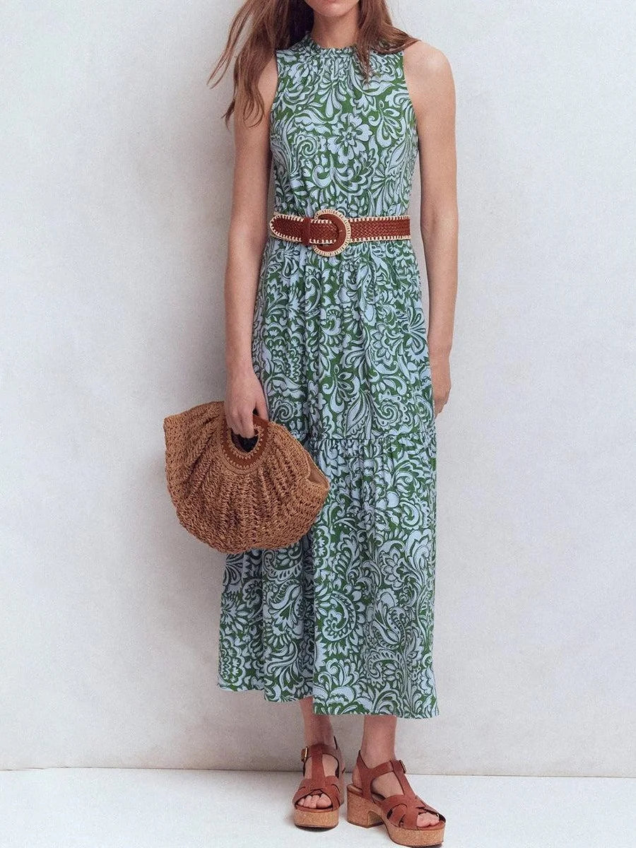 Green Abstract Print Sleeveless Tiered Maxi Dress