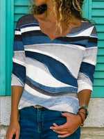Multicolor Casual V Neck Stripe Long Sleeve Blouse