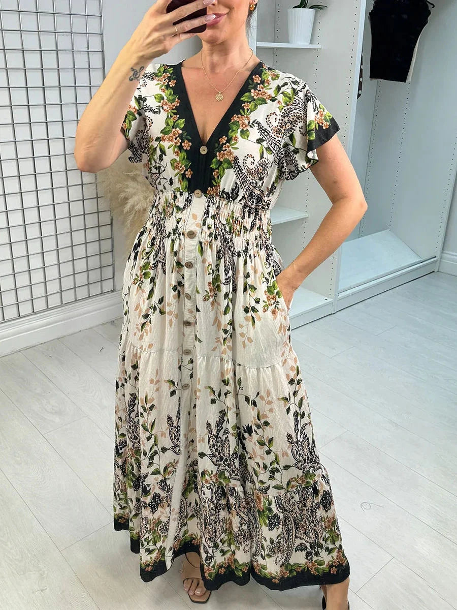 Botanical Paisley Elastic Waist V-neck Short Sleeve Button Maxi Dress