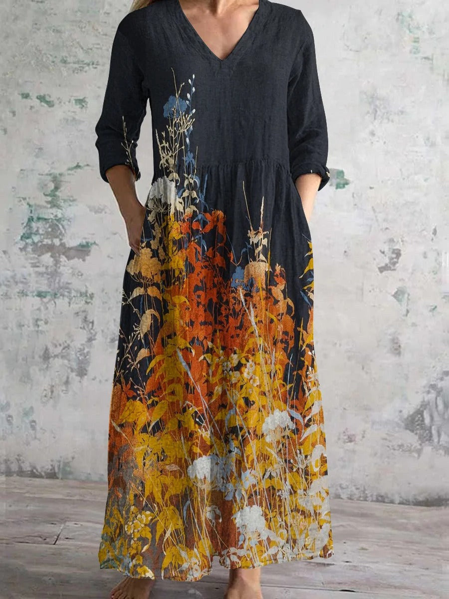 Floral Print V-Neck Long Sleeve Dress