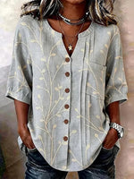 Grey Leaf Print 3/4 Sleeve Button-Down Blouse