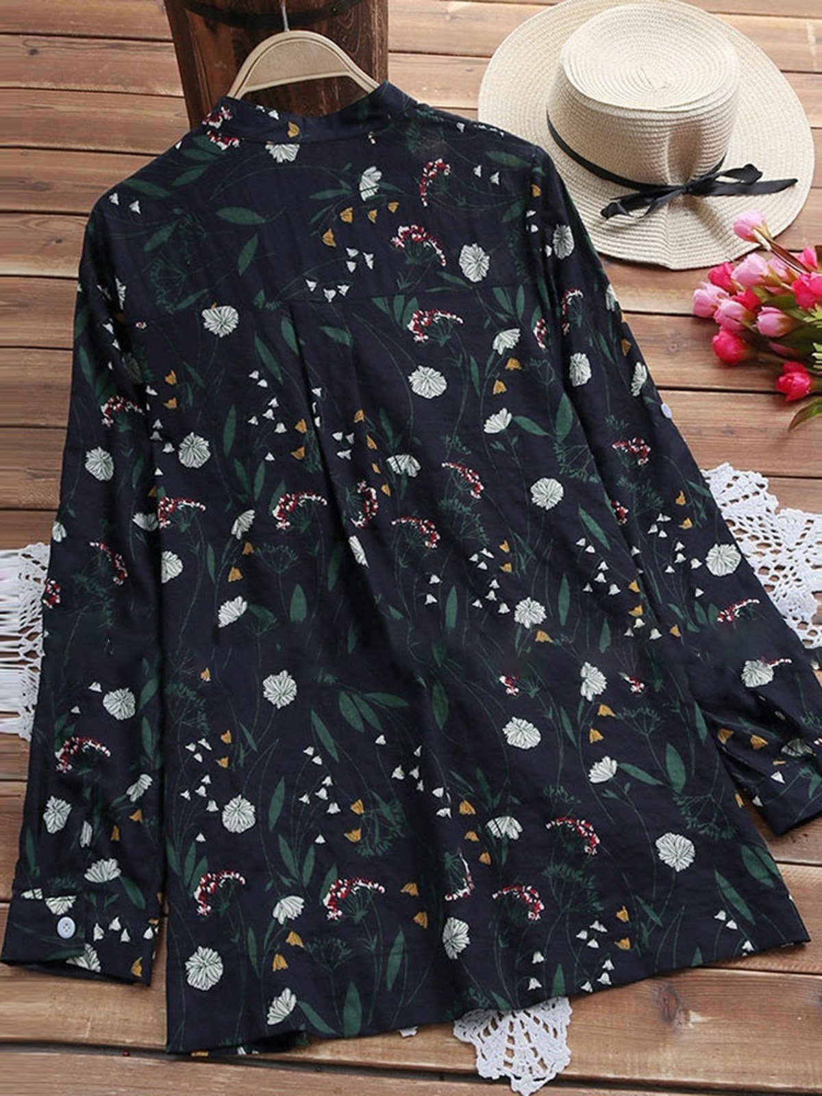 Elegant Floral Print Stand Collar Blouse
