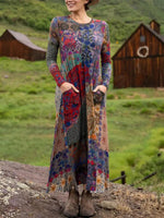 Vintage Floral Print Round Neck Long Sleeve Dress