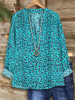 Leopard Print V-neck Long Sleeve Blue Top