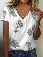 Casual Leaf Print V-neck Short Sleeve T-Shirt