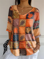 Women's Fall Print Casual V-Neck 3/4 Sleeve T-Shirt