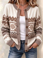 Women's Bohemian Patterned Color-block Crew Neck Long Sleeve Sweater Cardigan