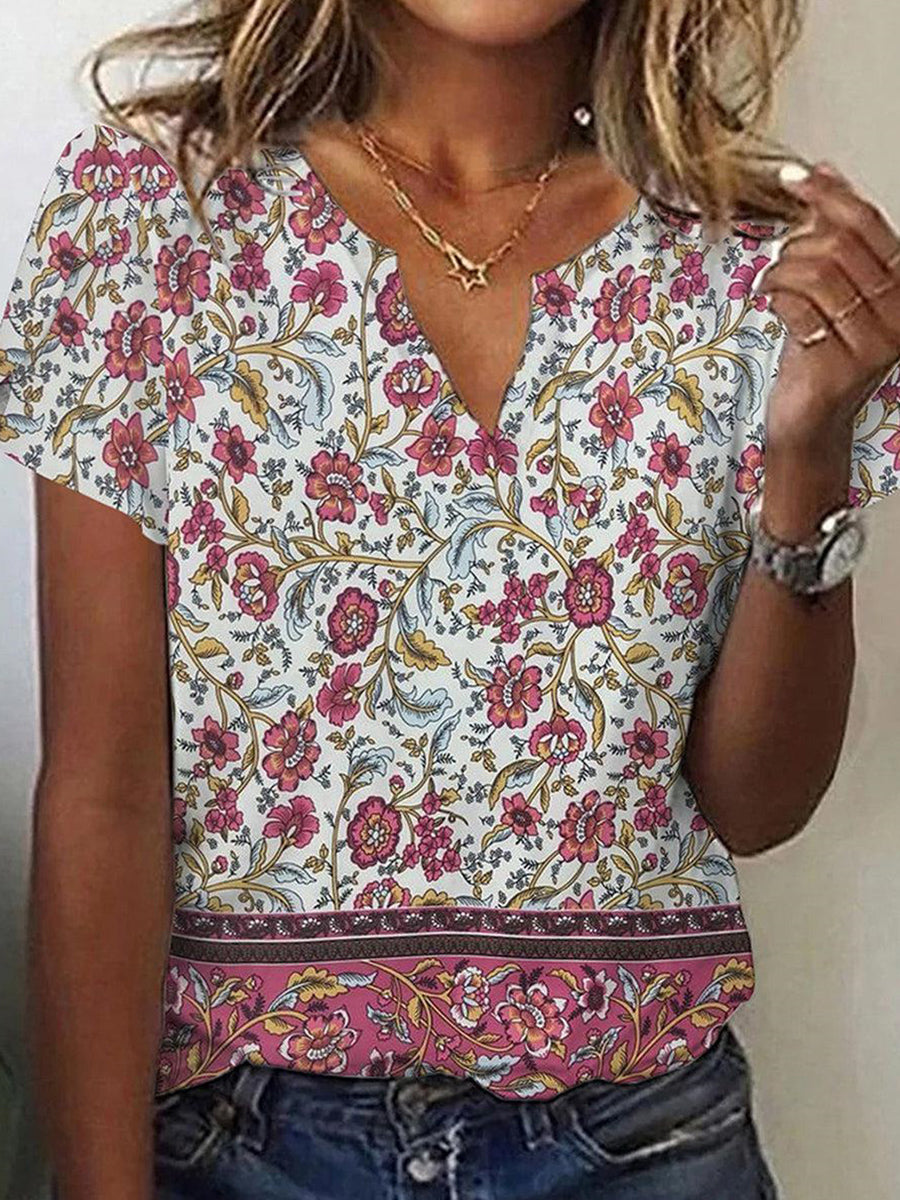 Floral Print V-neck Short Sleeve Top
