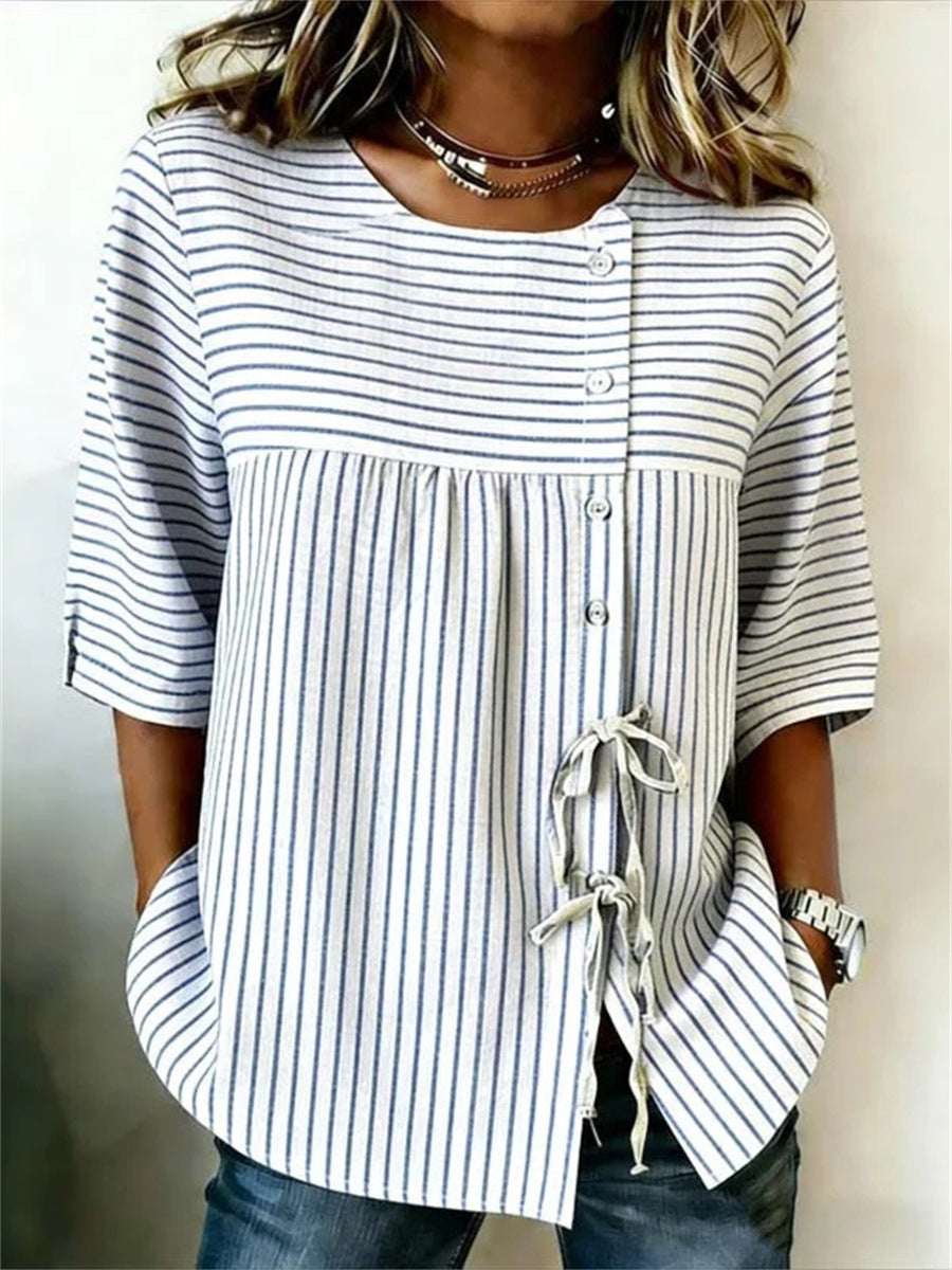 Casual Striped Round Neck Half Sleeve Blouse
