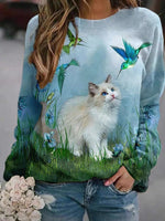 Blue Casual Graphic Tops Round Neck Long Sleeve Cat Scenery Printed Sweatshirt