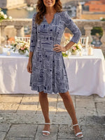 Navy Geometric Print V-neck Three-Quarter Sleeve Dress