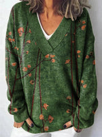 Floral Print V-neck Long Sleeve Loose Daily Sweater