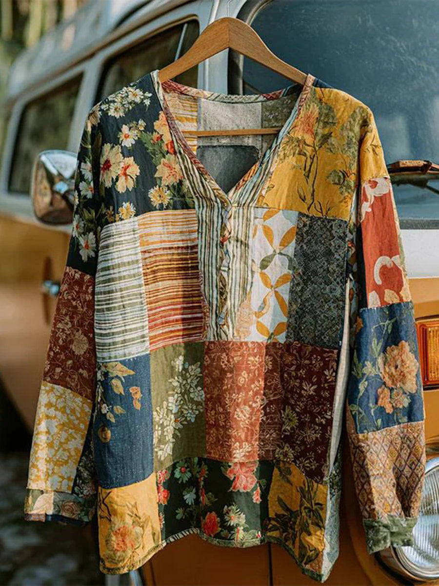 Vintage Floral Print V-neck Long Sleeve Blouse