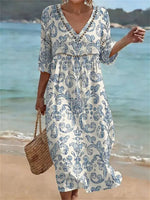 Vintage Ethnic Print V-neck 3/4 Sleeve Dress