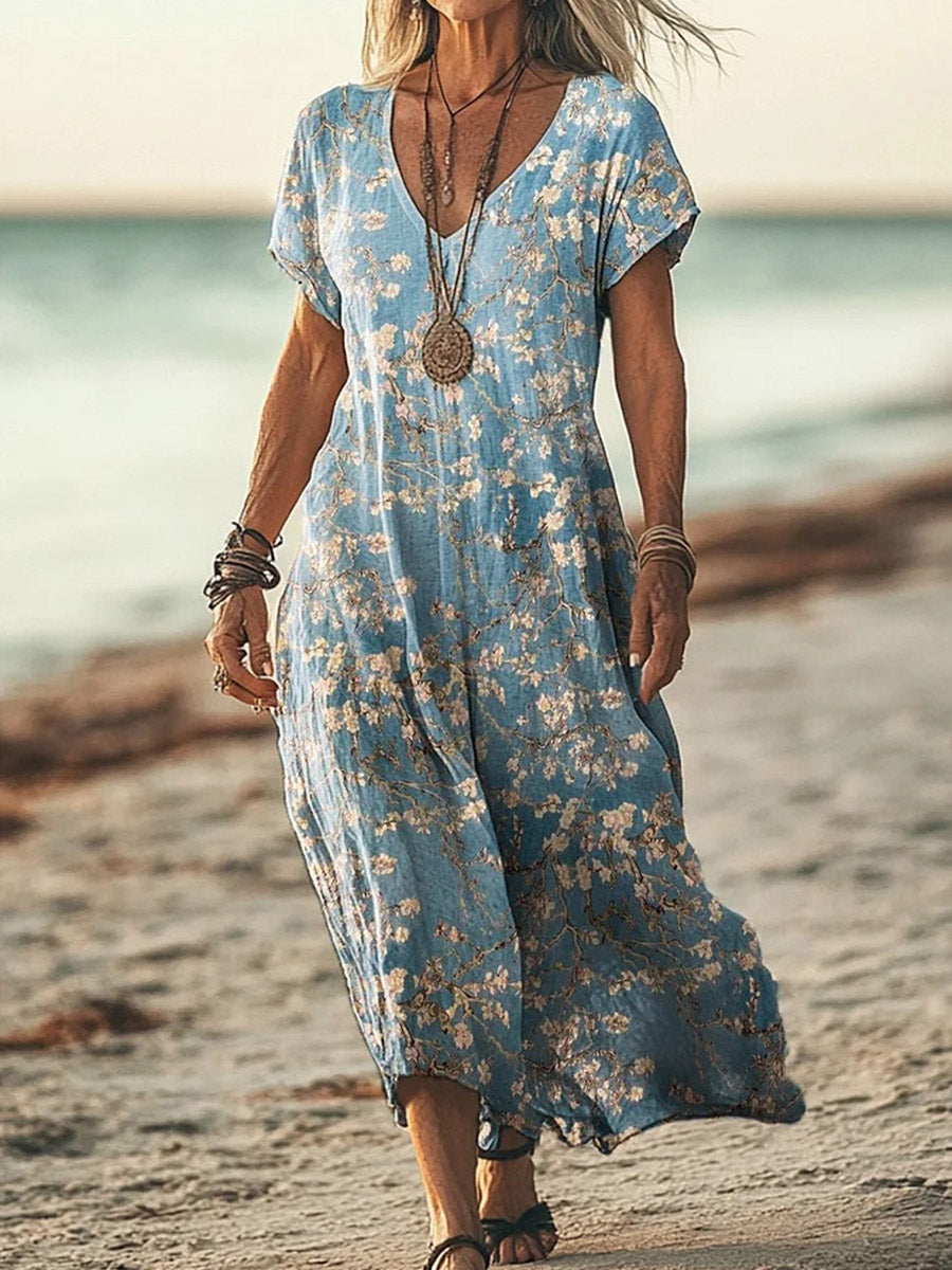 Women's Vintage Floral Print V-neck Short Sleeve Dress