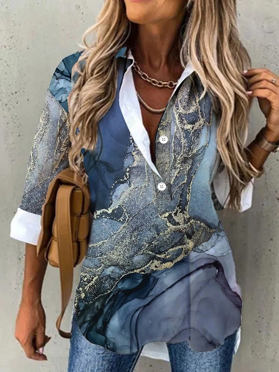 Marbling Print Lapel Long Sleeve Blouse