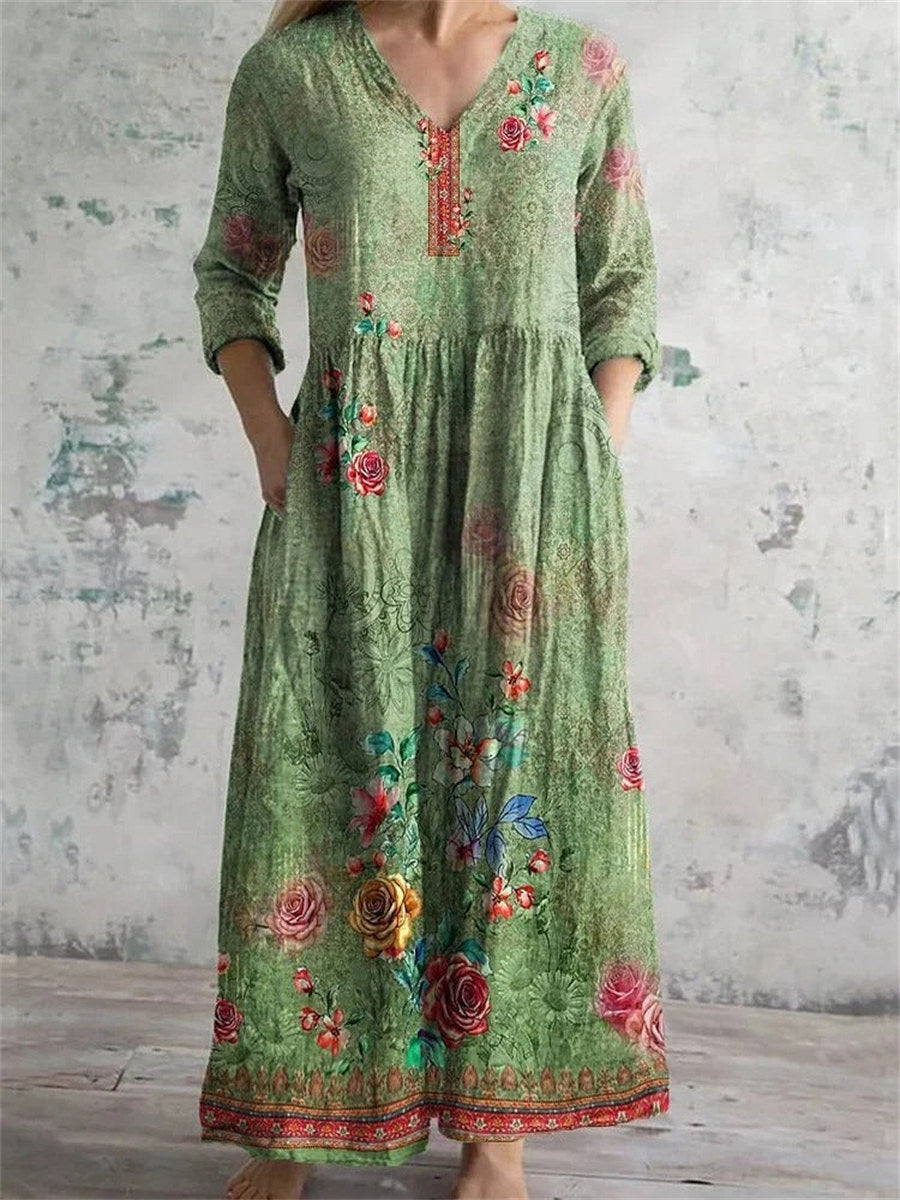 Vintage Floral Printed V-neck Long Sleeve Dress