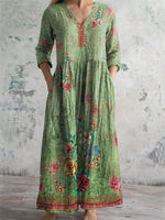 Vintage Floral Printed V-neck Long Sleeve Dress