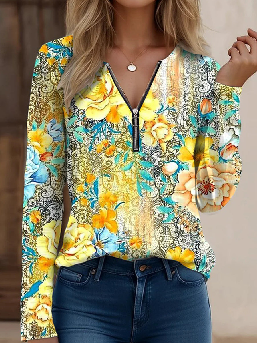 Stylish Floral Print Zip V-Neck Long Sleeve Top
