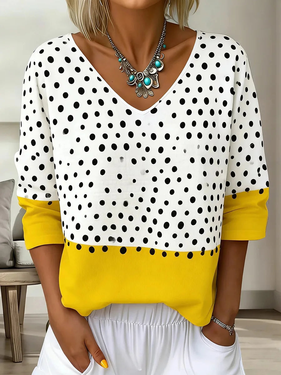Bold Polka Dot Color Block V-neck 3/4 Sleeve Top