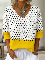 Bold Polka Dot Color Block V-neck 3/4 Sleeve Top