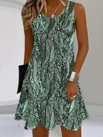 Green Abstract Round Neck Sleeveless Flared Mini Dress