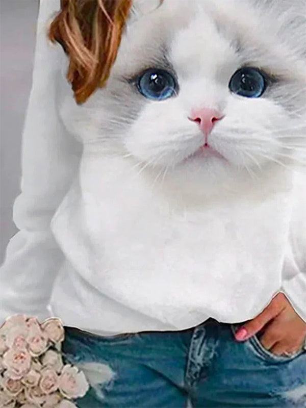 White Casual Graphic Tops Round Neck Long Sleeve Cat Printed Sweatshirts