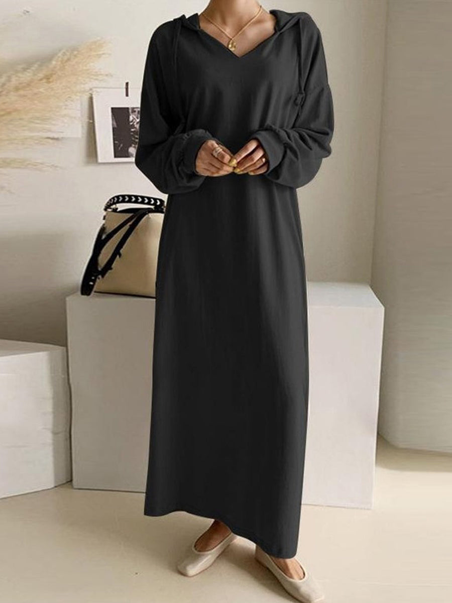 V Neck Drawstring Hooded Dress