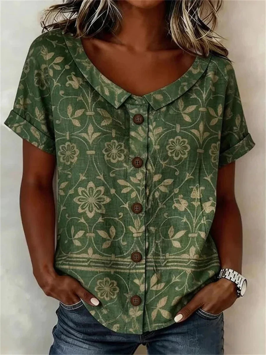 Vintage Floral Print Short Sleeve Blouse