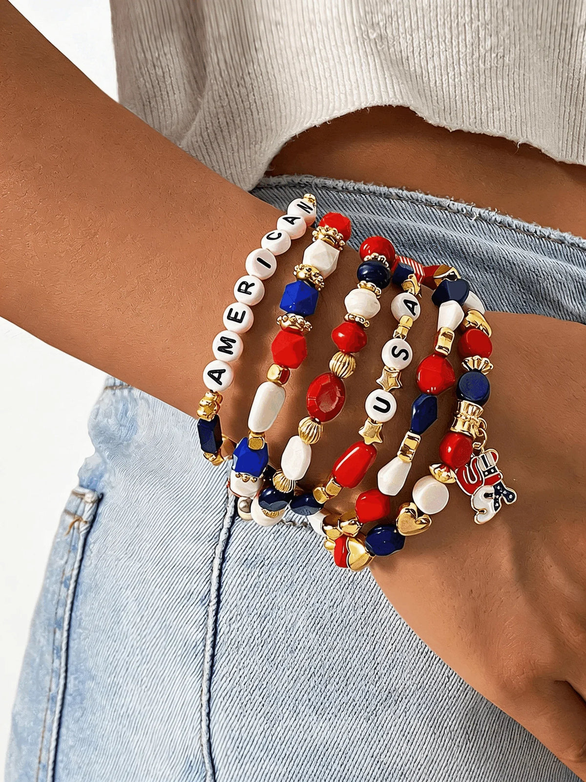 America 250 Freedom Patriotic Multi-Layer Beaded Bracelet Stack