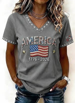 Women's Independence Day American Flag 3D Printing V Neck Short Sleeves Casual T-shirt