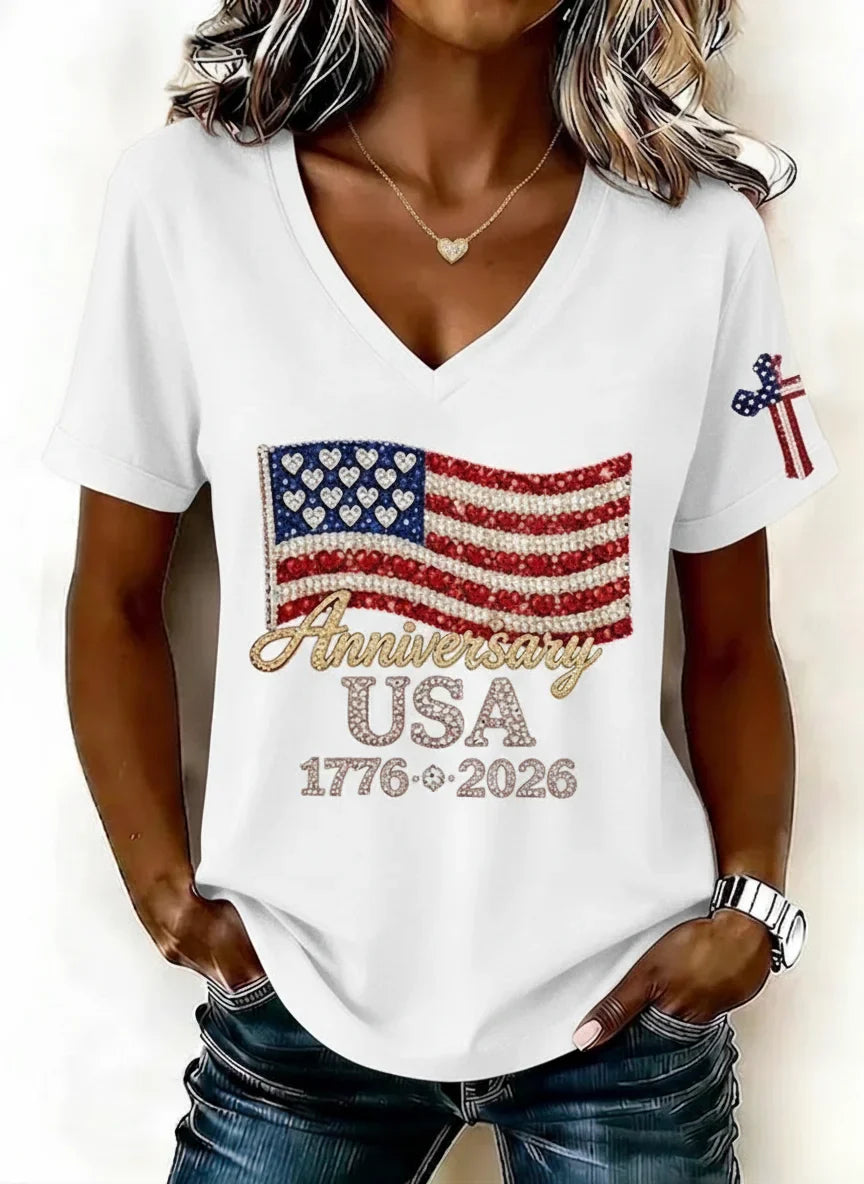 Casual America Flag V Neck Short Sleeves Independence Day T-shirt