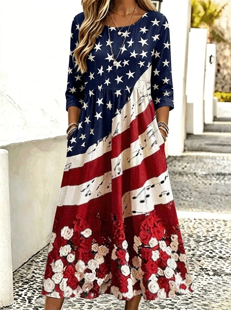 Women American Flag Floral Print Winter Dress Crew Neck Three Quarter Sleeve A-Line Dress