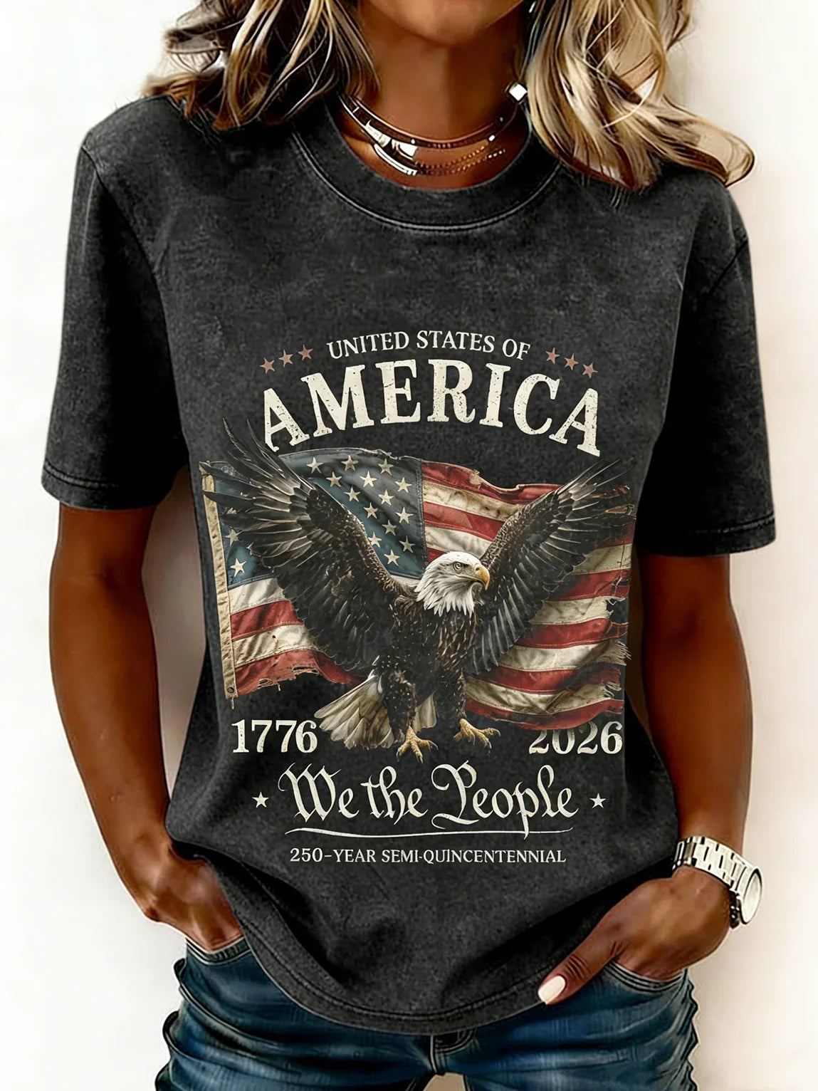 Vintage American Eagle 1776-2026 Print Crew Neck Short Sleeve T-shirt