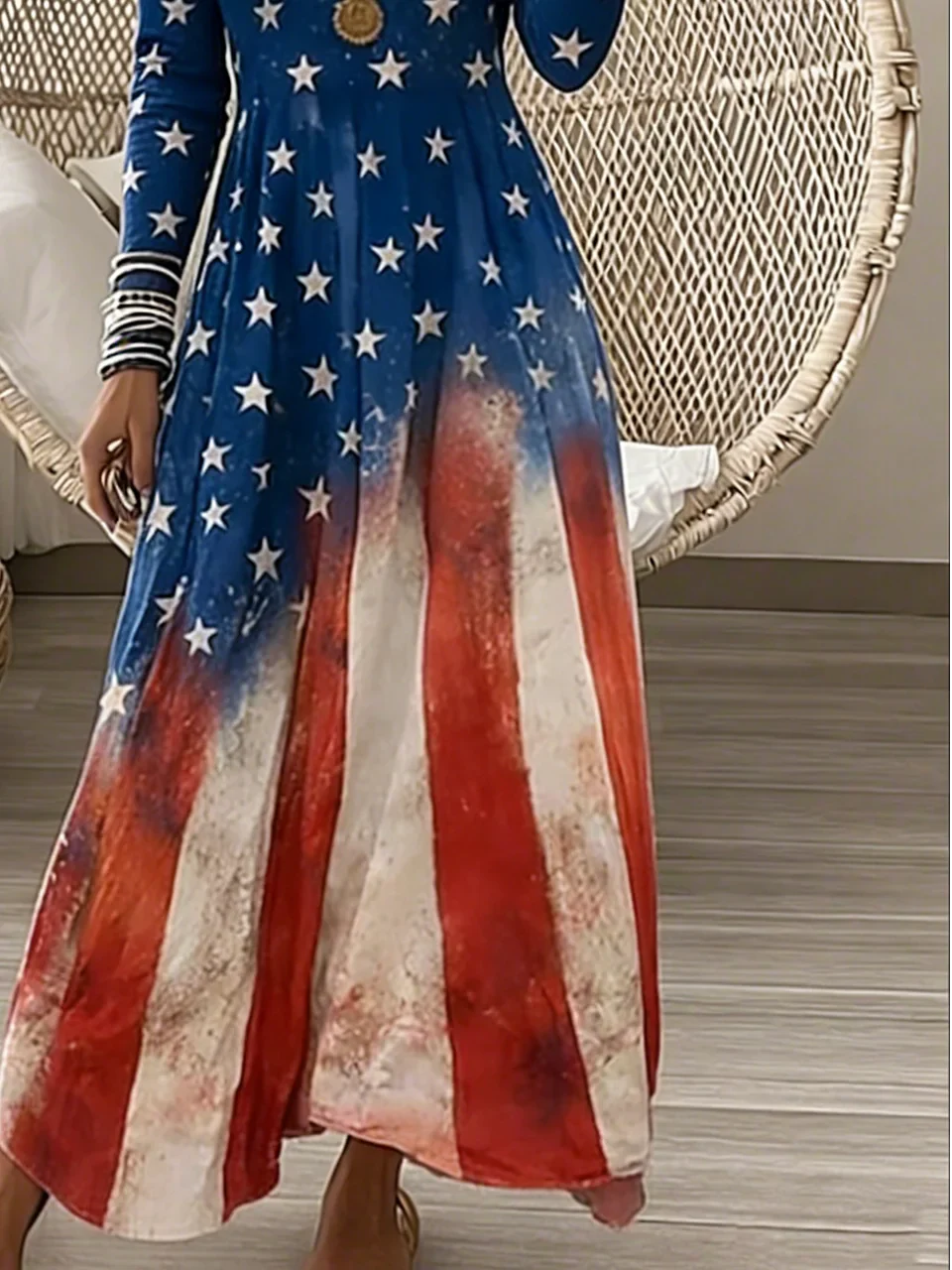 Women American Flag Print Long Sleeve V Neck A-Line Maxi Dress