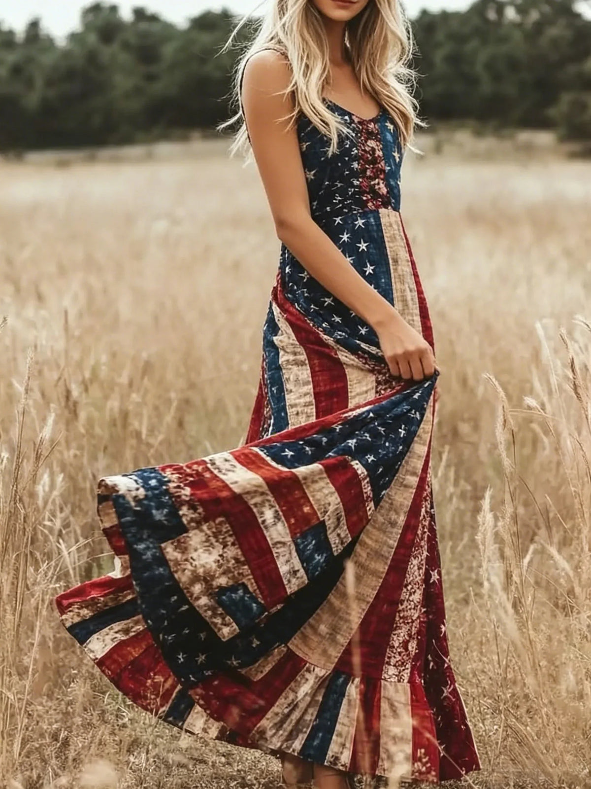 Women Vintage American Flag Print Sleeveless V Neck Fit & Flare Maxi Dress